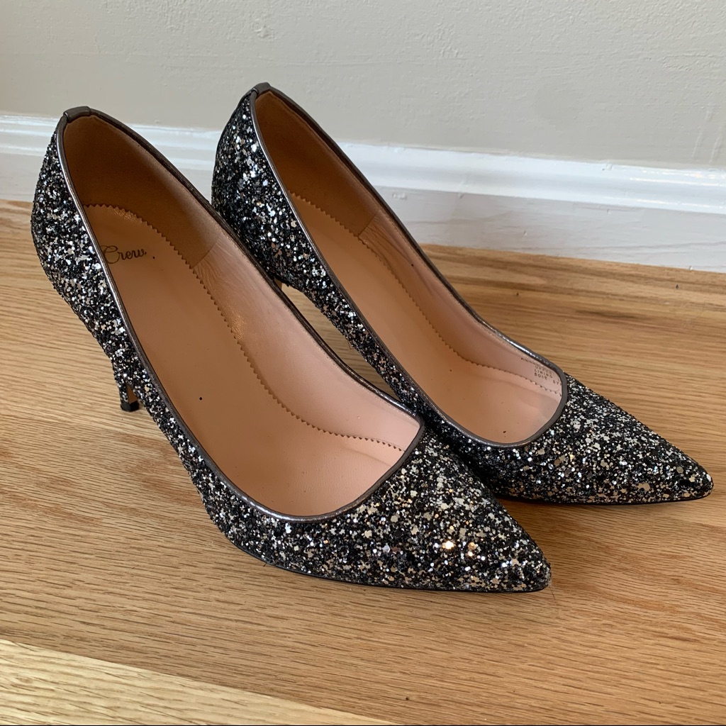 J. Crew Elsie Glitter High Heel Pumps Size 8.5 Silver Gray Pointed Toe